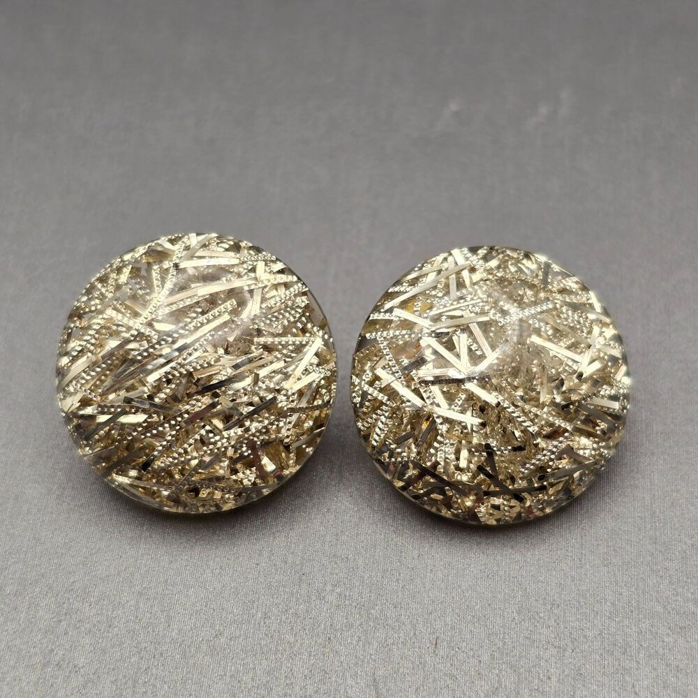 VTG Lucite Confetti Dome Clip-On Earrings 1" Silver Tone Mid-Century Glam